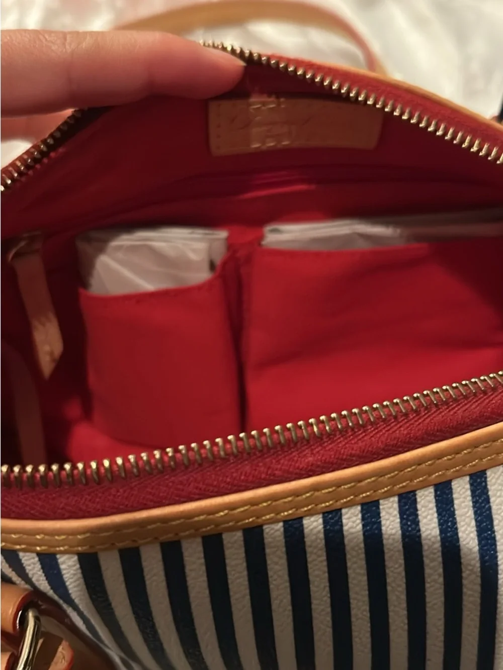 Dooney & Bourke Blue and White Striped Satchel with Tan Trim